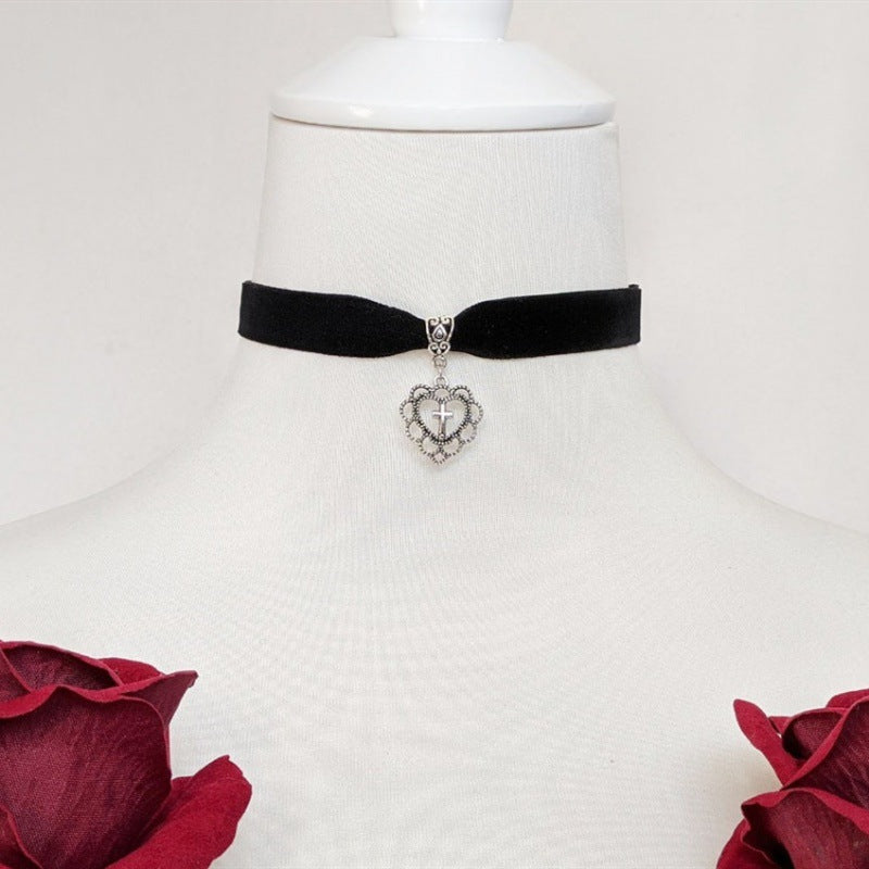 Red Gothic Velvet Collar Heart Cross Choker