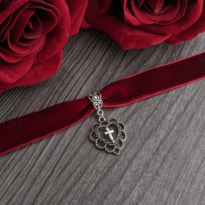 Red Gothic Velvet Collar Heart Cross Choker