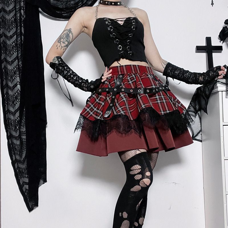 Red Punk goth Plaid Skirt