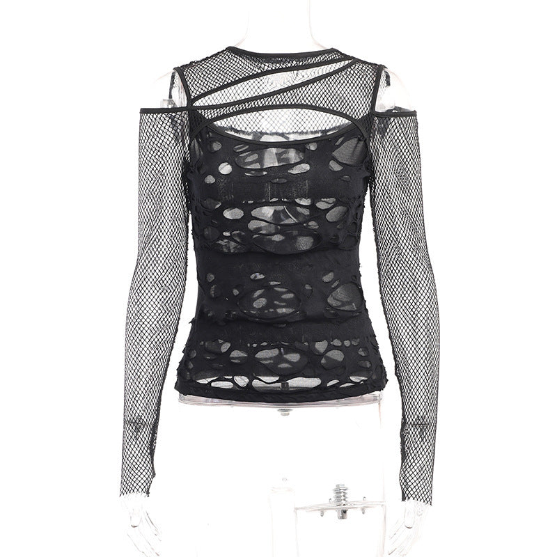 Ripped Fishnet Long Sleeve Top