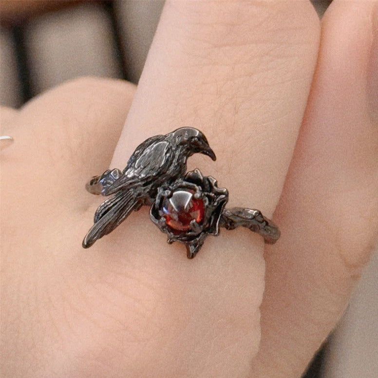 Romantic Goth Crow Ring with Red Gemstone Womens