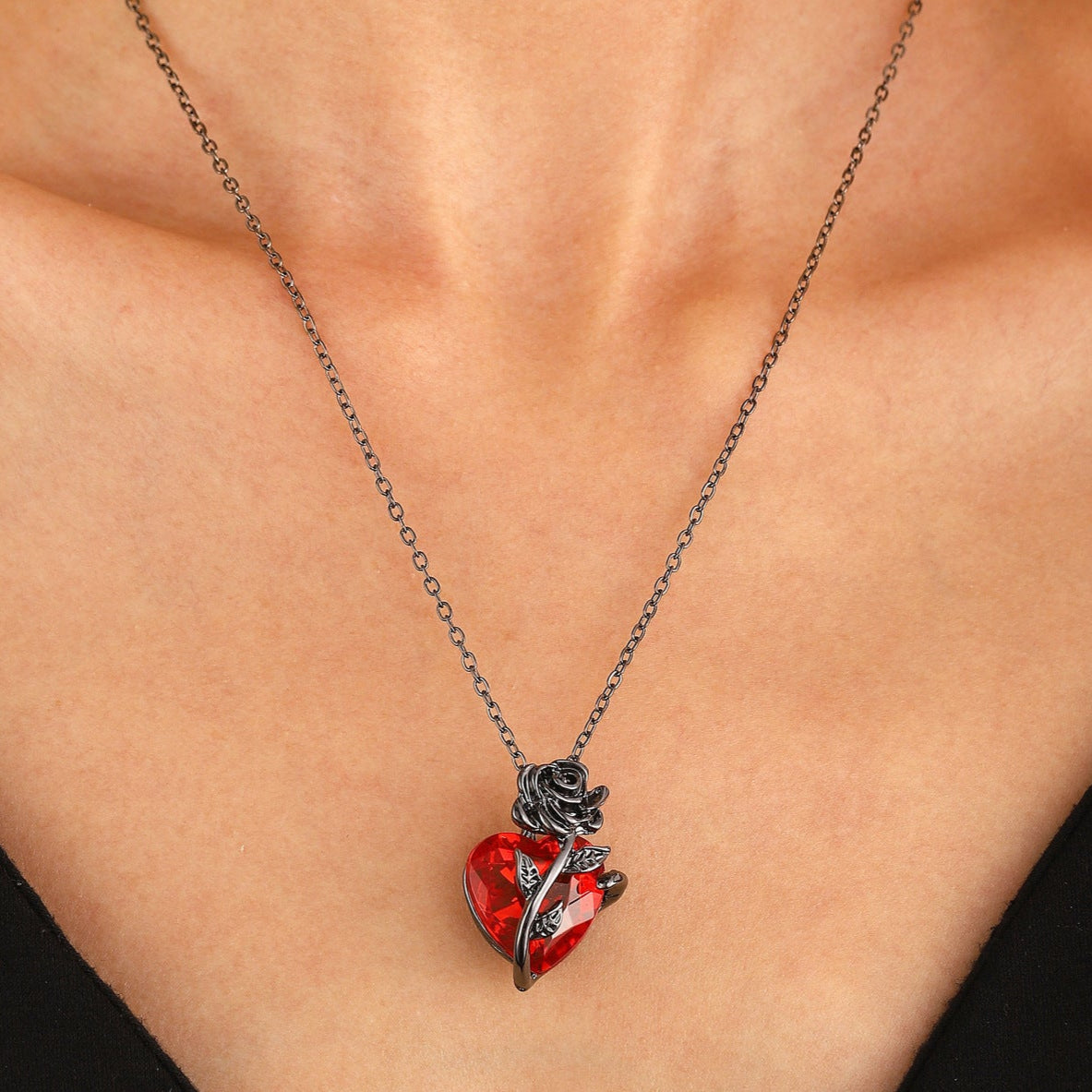 Rose Flower Red Heart Necklace