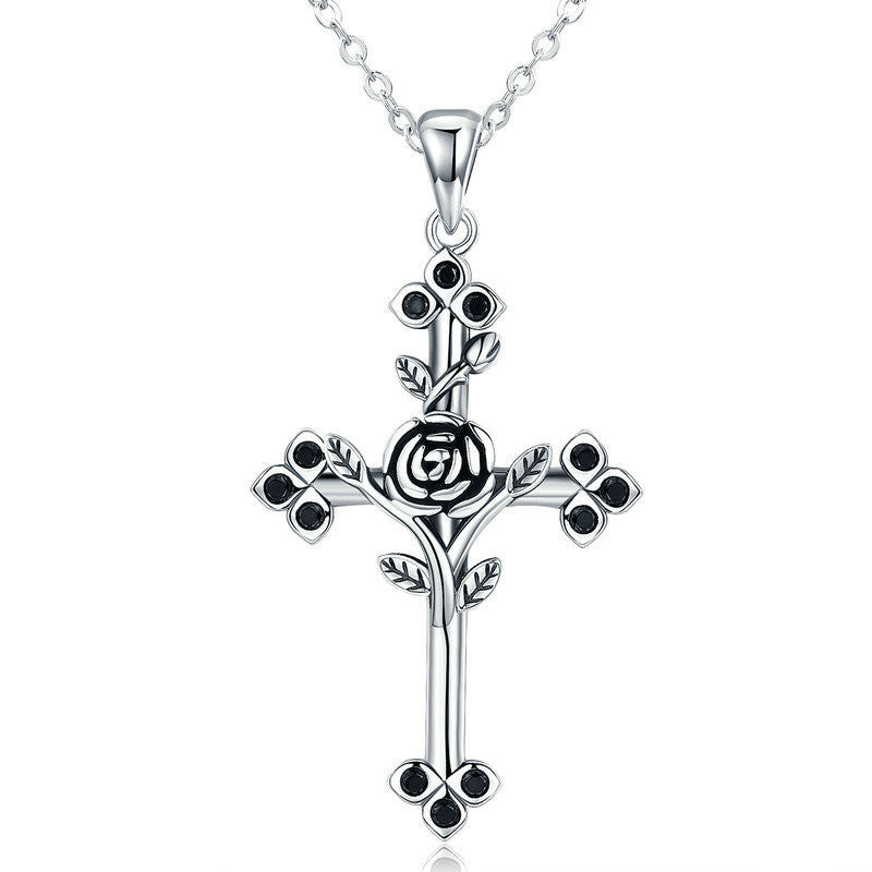 S925 Silver Gothic Rose Cross Necklace