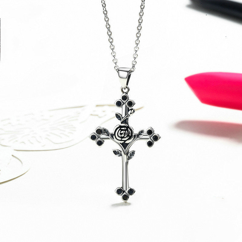 S925 Silver Gothic Rose Cross Necklace