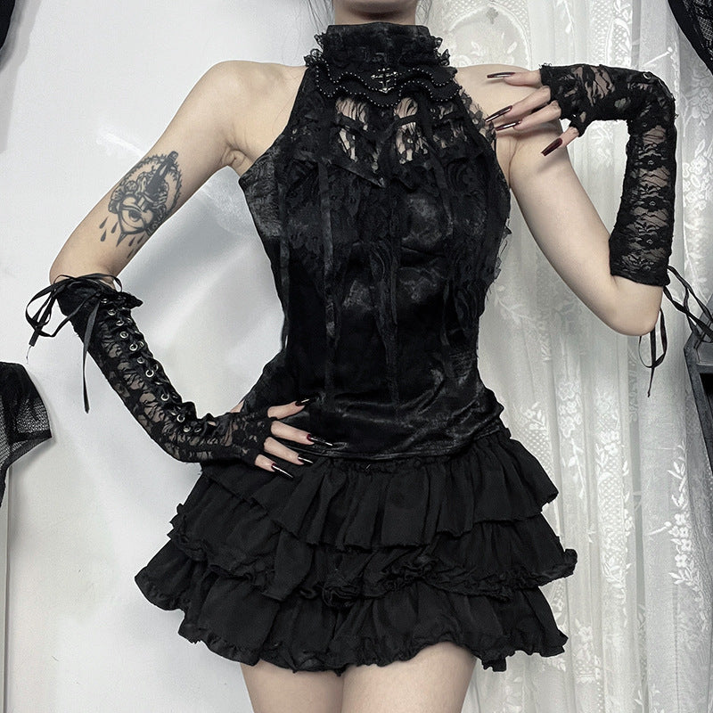 black Satin Gothic Halter Top High Neck