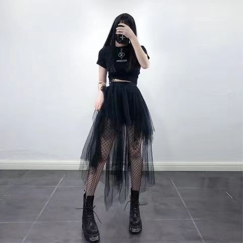 Sheer Goth Asymmetrical Black Puffy Skirt