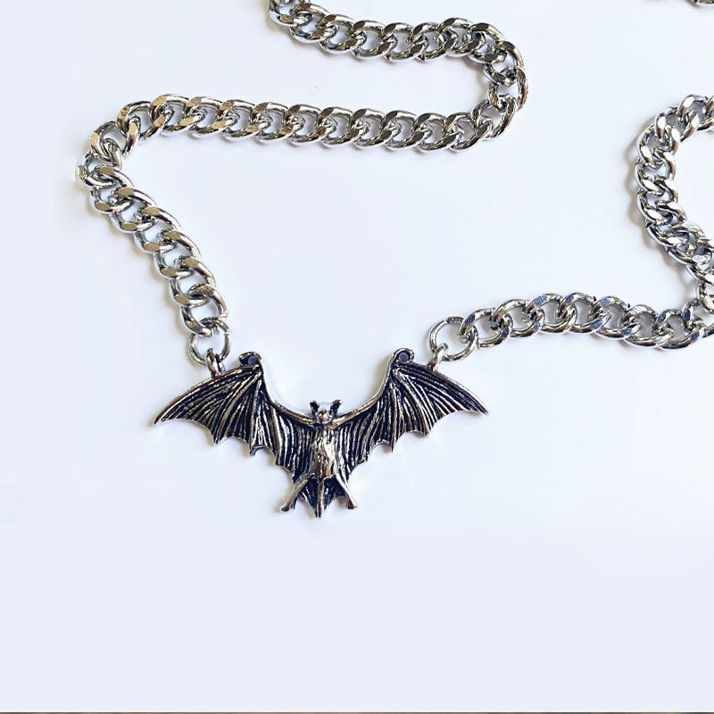 Realistic Silver Steel Bat Goth Necklace