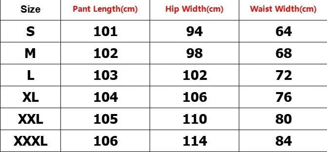 Size chart for pants and skirts with measurements in centimeters