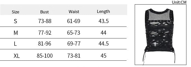 Size chart table with bust, waist, and length measurements for sizes S through XL, alongside a small product photo of a black lace-up sleeveless top on the right.