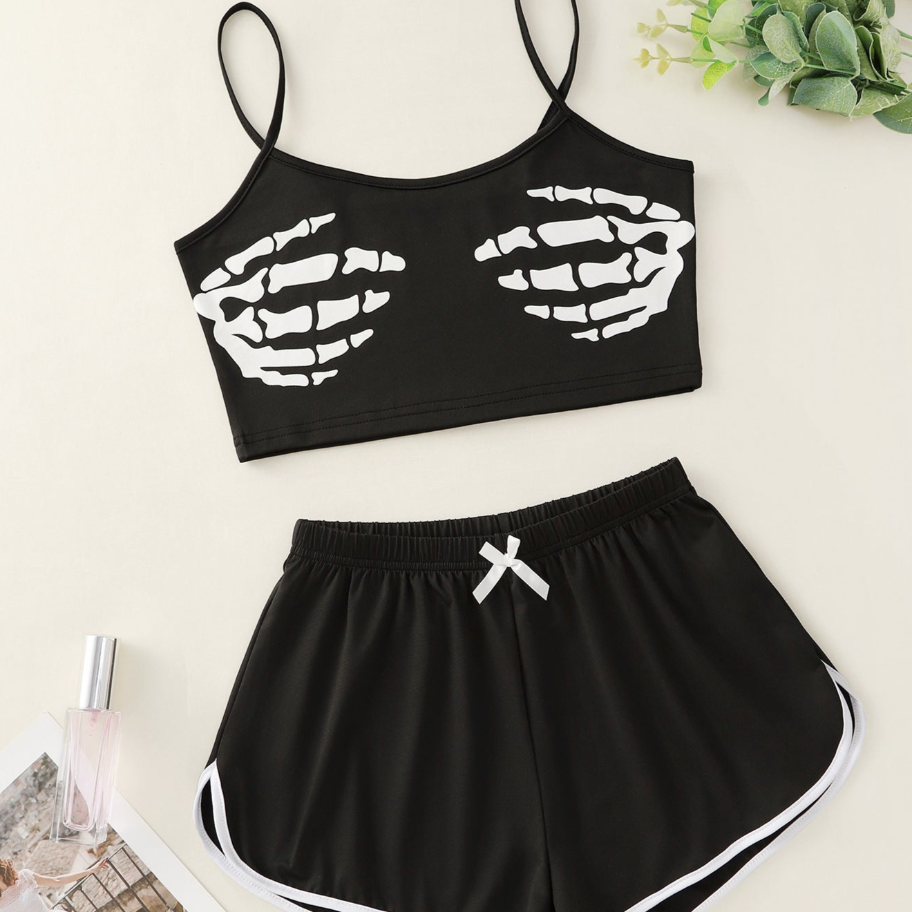 Skeleton Hands Top Pajama and Shorts Set Black