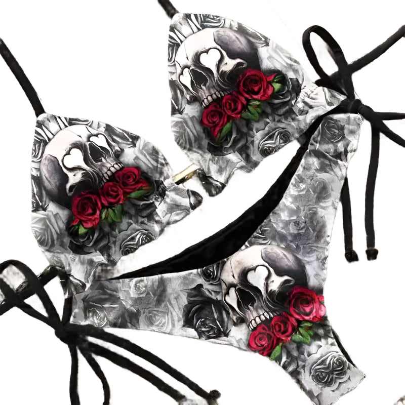 Skull with Red Roses Goth Beachwear Set Womens