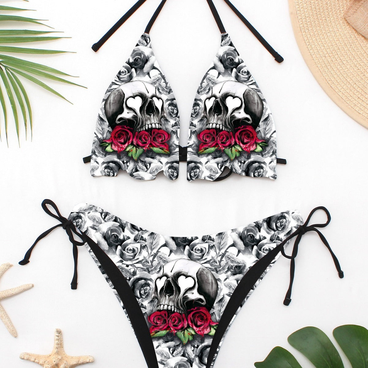 Skull with Red Roses Goth Beachwear Set Womens