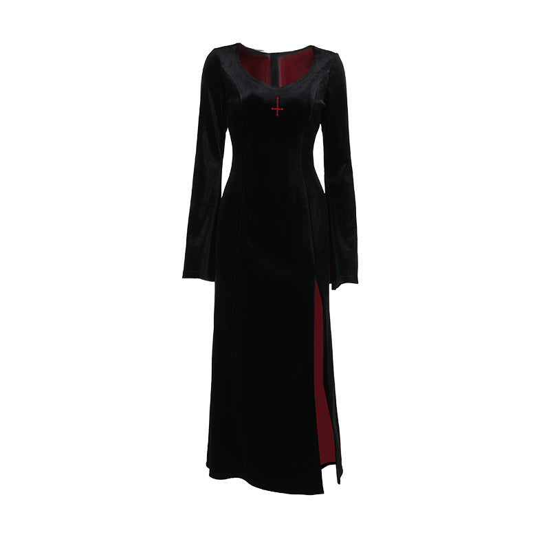 black red Slit Vampire Dress Velvet