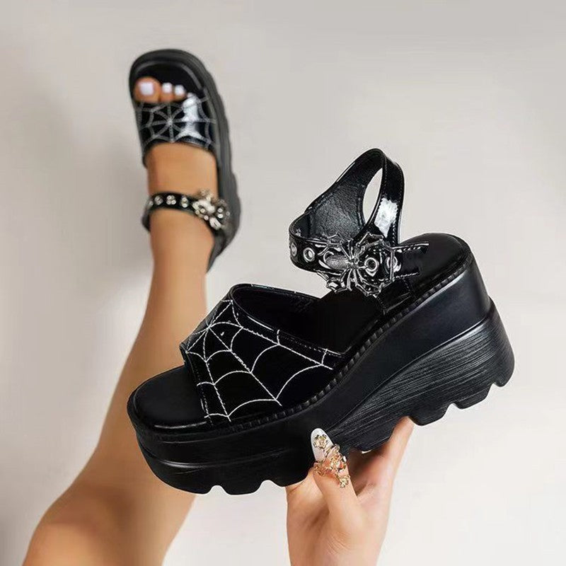 black Spider Sandals Spider Web Summer Platform Shoes