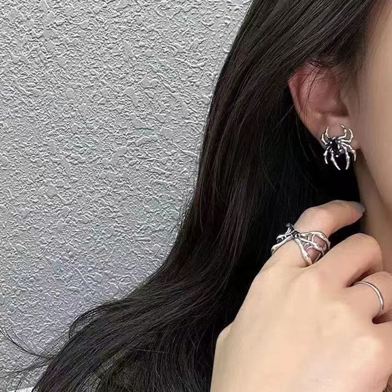 Silver Steel Spider Stud Earrings