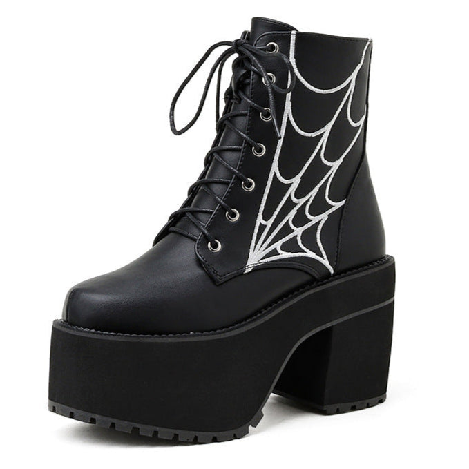 Spider Web Boots Vegan Leather Platform Shoes Womens