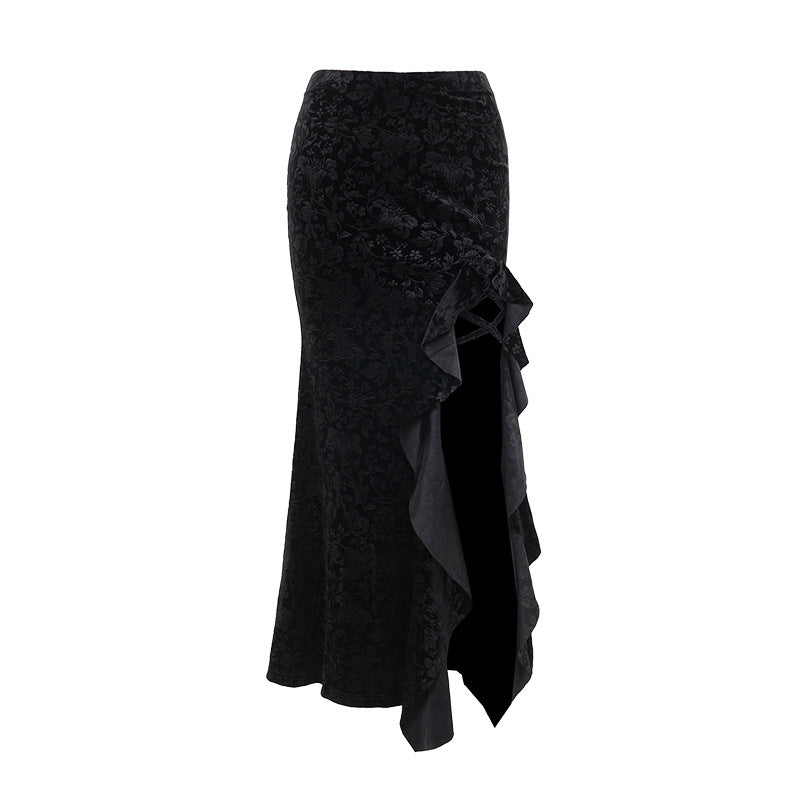Velvet Black Gothic Long Skirt with Side Slit