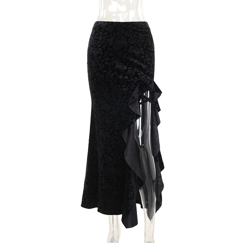 Velvet Black Gothic Long Skirt with Side Slit