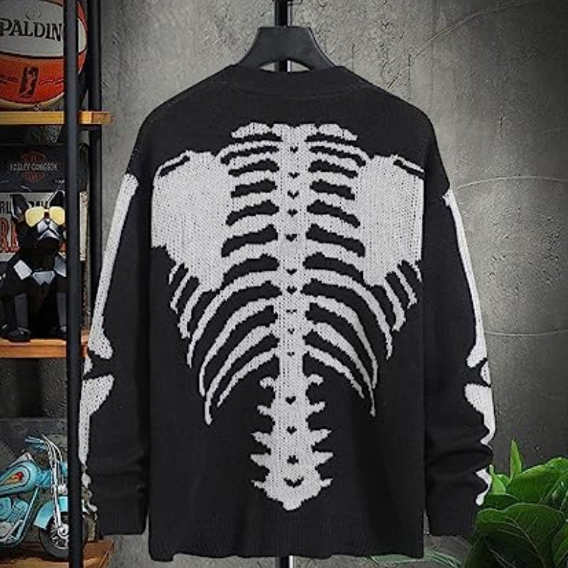 goth White Skeleton Cardigan Sweater Black