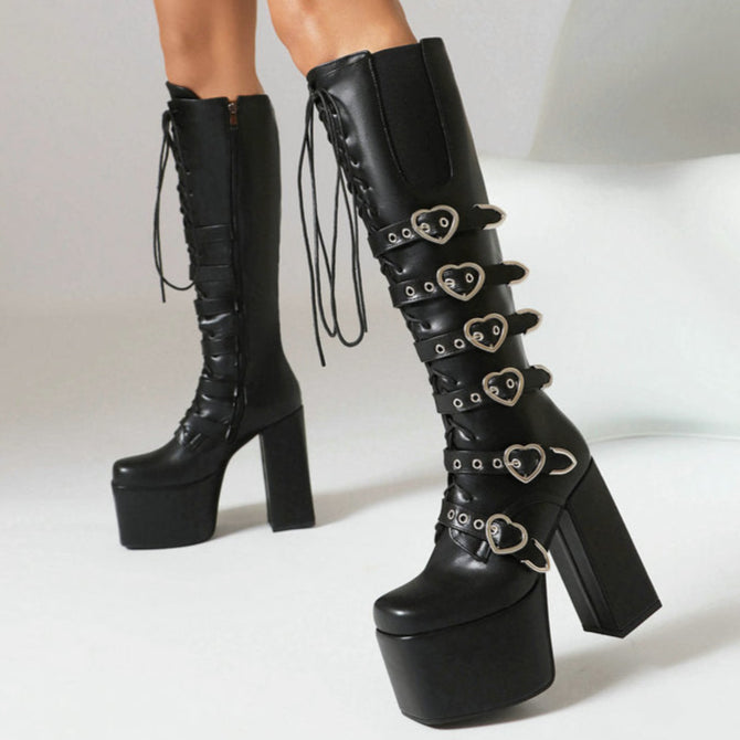 Womens High Heel Boots Heart Buckle Straps
