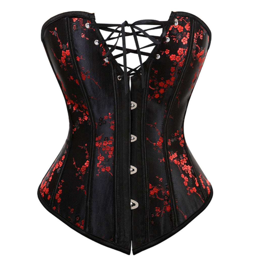 asian Black Red Floral Gothic Corset Chinese Style
