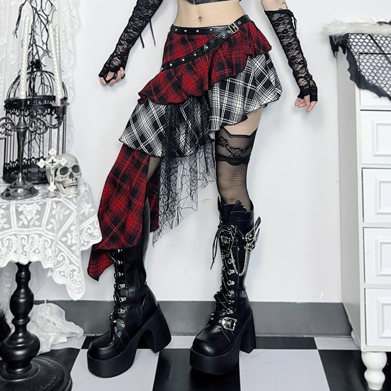 asymmetric slit Lace Steampunk Plaid Skirt