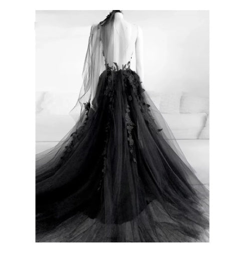 backless Black Goth Prom Dress - Backless & Floral