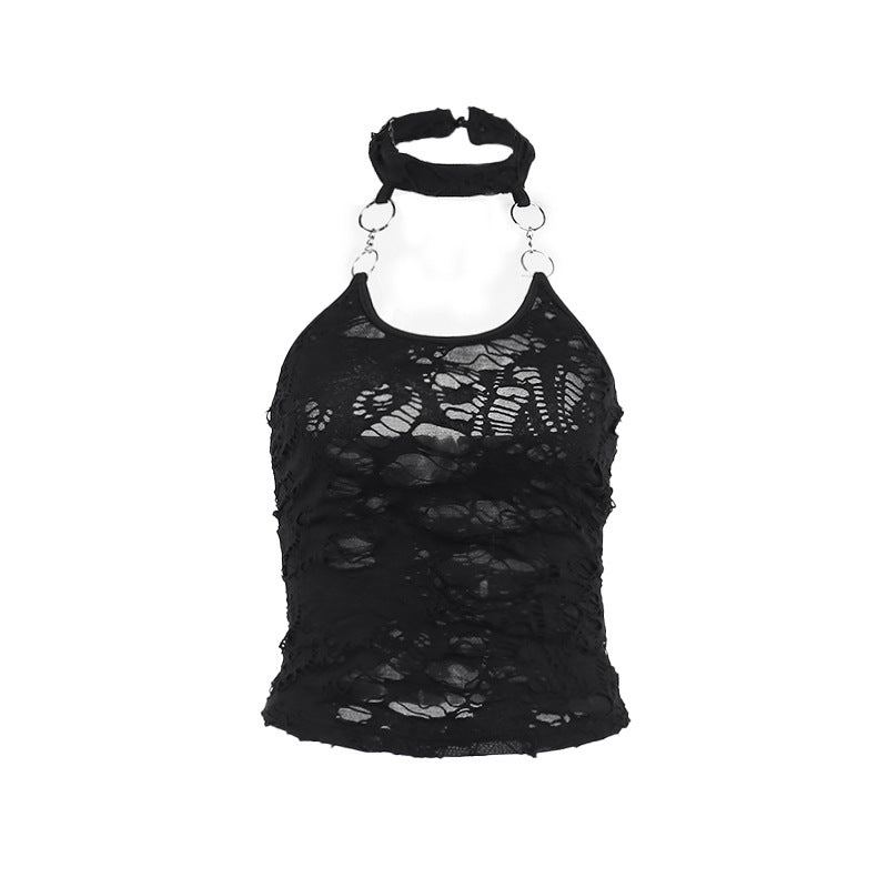 backless Black Ripped Halter Top Womens sheer lace