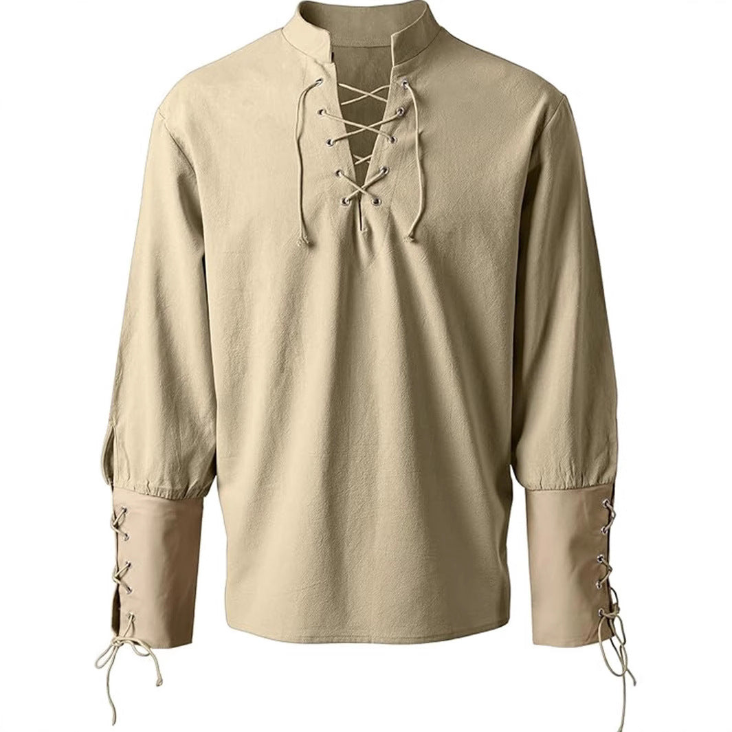 beige Black Goth Shirt Long Sleeves Mens