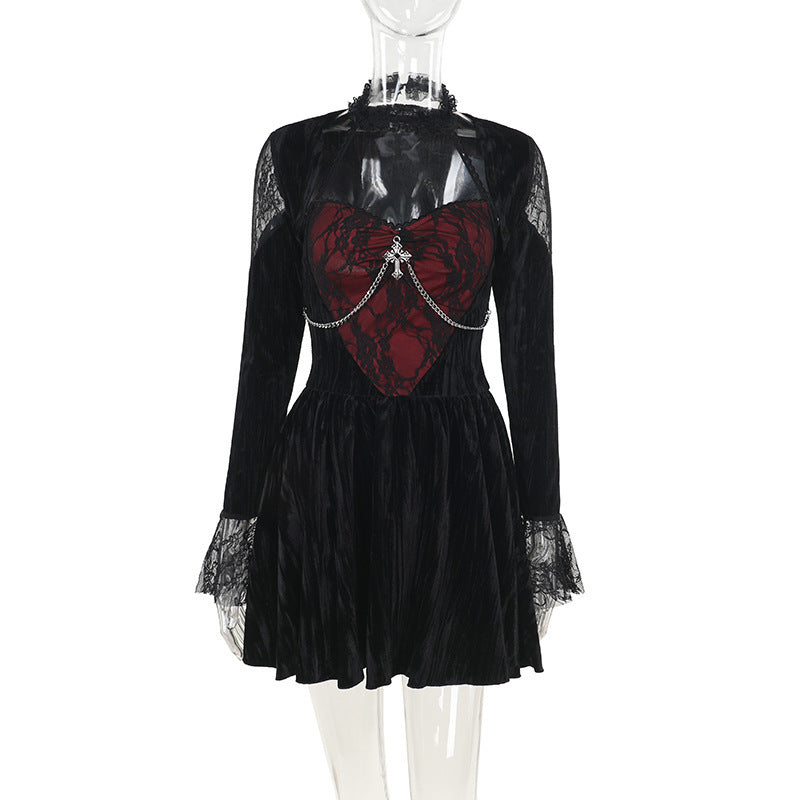 bell Long Sleeve Goth Dress Mini with Red Lace