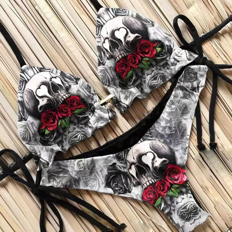 bikini set Skull with Red Roses Goth Beachwear Set Womens goth