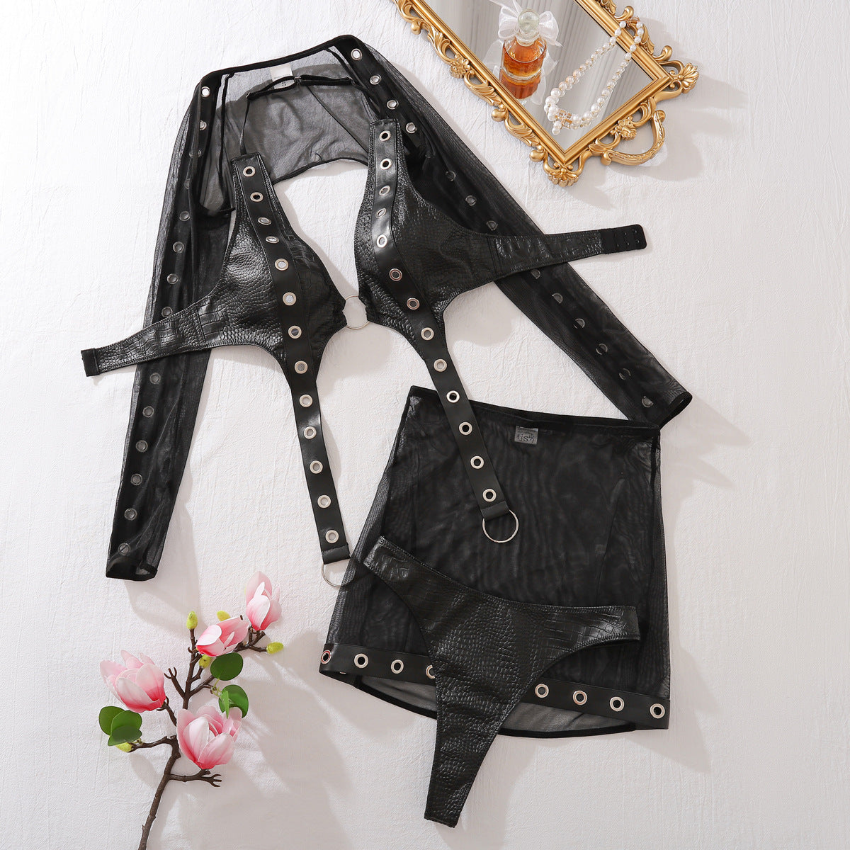 black Alt Leather Lingerie Four Piece Set Sheer Skirt Sleeves