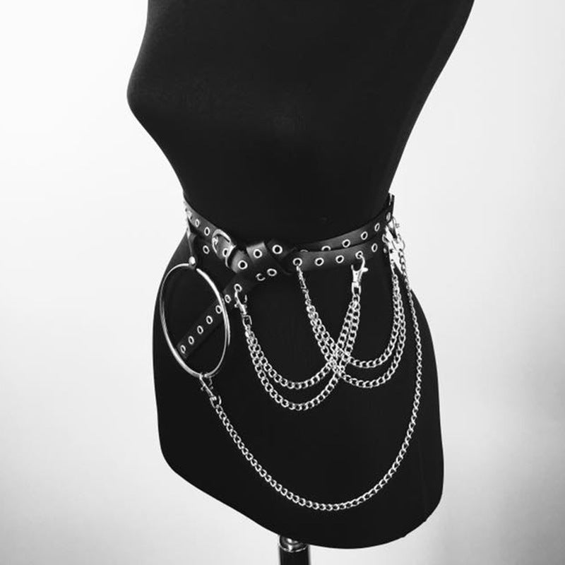 black Goth Triple Leather Belt Chains Metal Ring