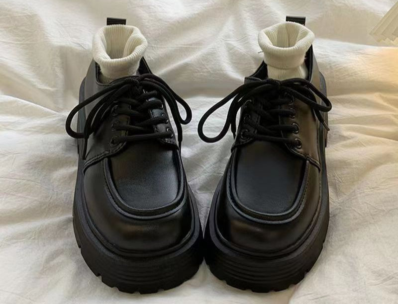 black Gothic Platform Leather Shoes Womens
