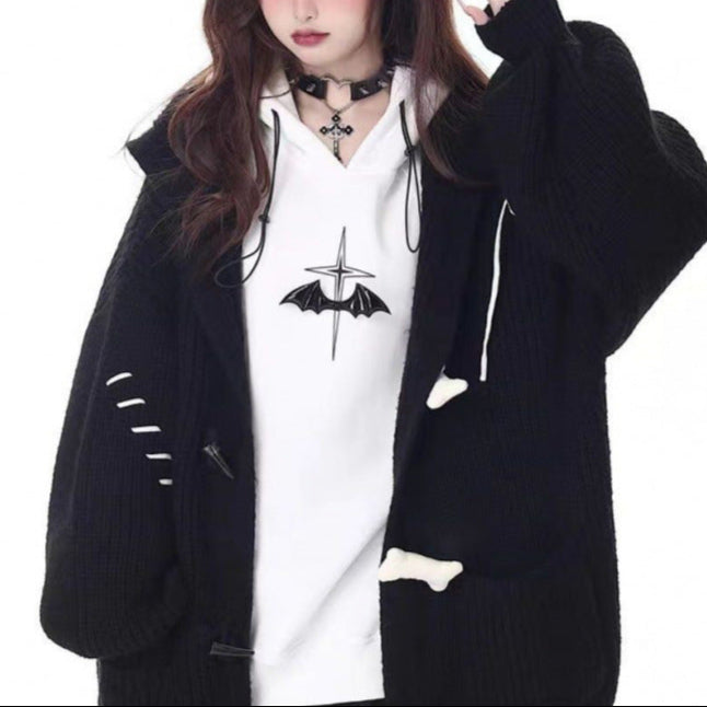 black Gothic Sweater Cardigan with Bone Buttons