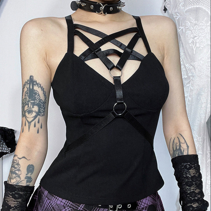 black Harness Pentagram Tank Top Women