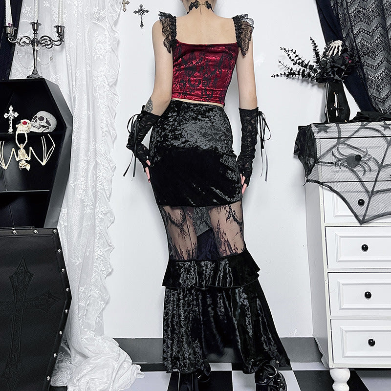 black Long Sheer Lace Skirt