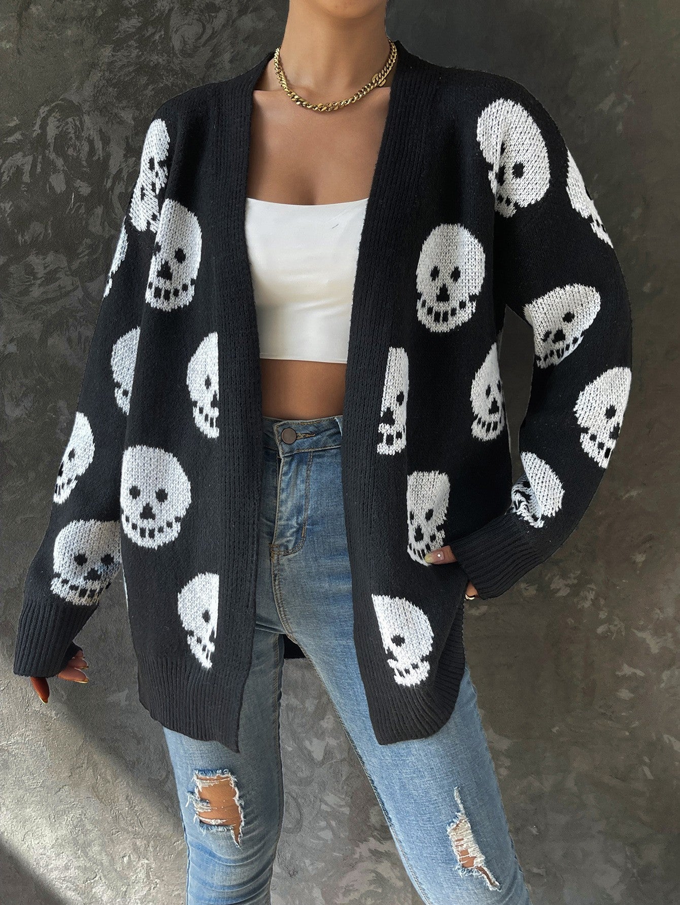 black Skull Cardigan Knitted Sweater Womens