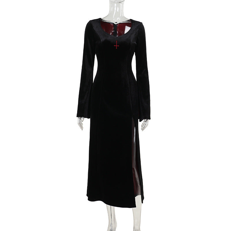 black Slit Vampire Dress Velvet