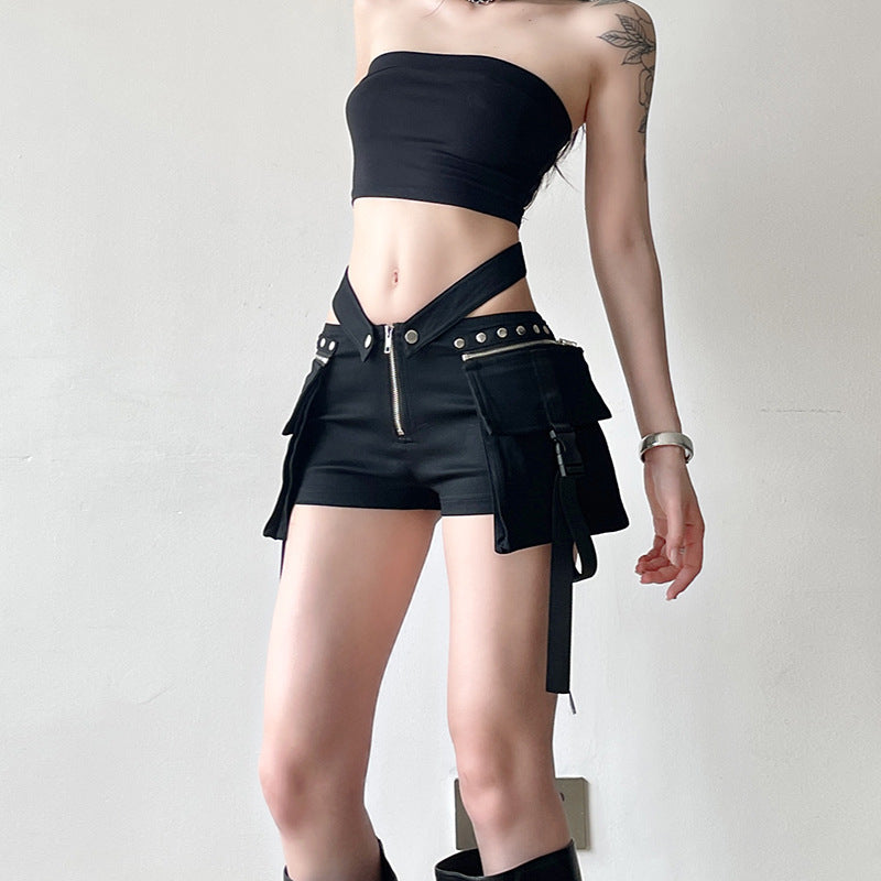 black V Waist Shorts with Large Pockets