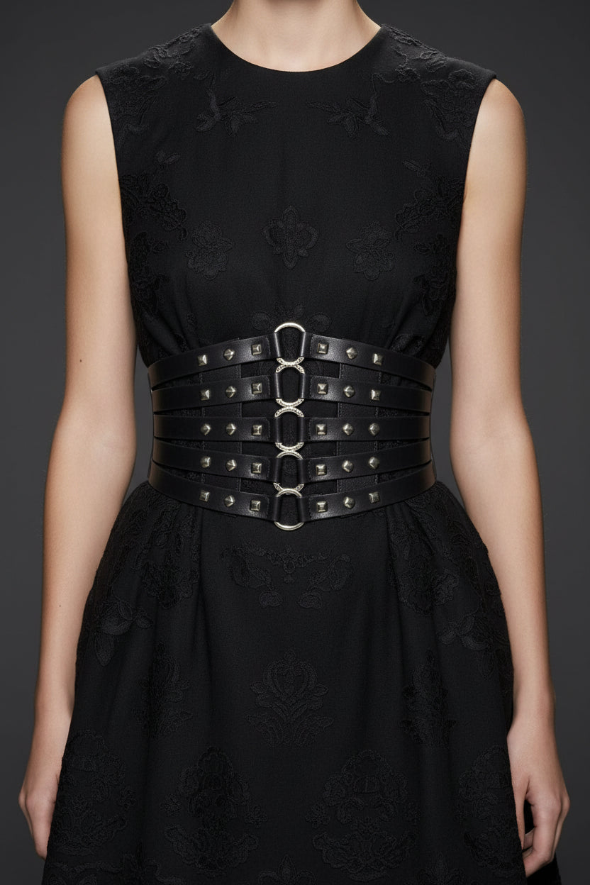 black Wide Goth Multi Layer Belt Leather Women