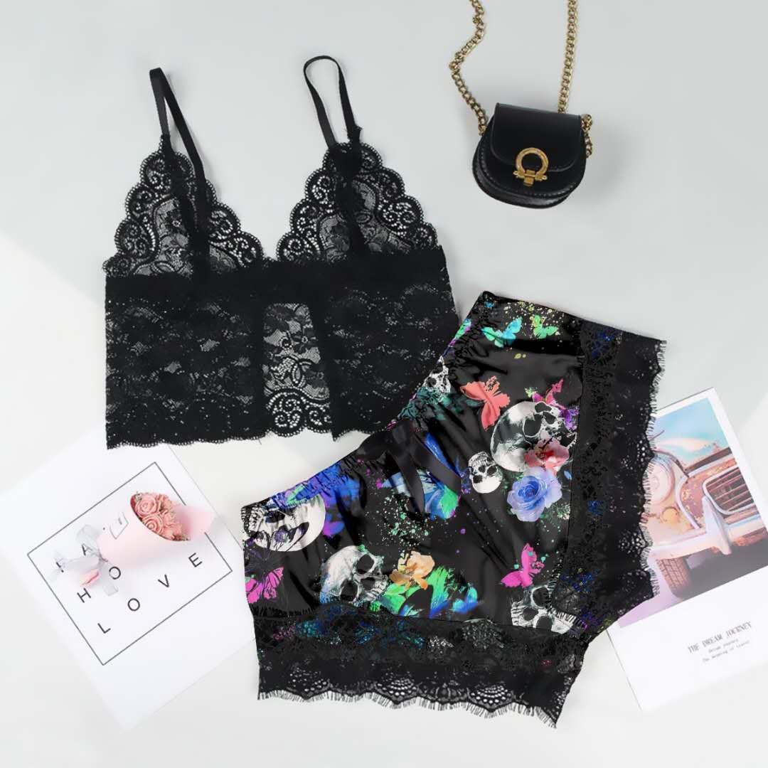 lace black Gothic Pajamas Loungewear with Skulls and multicolor colorful Butterflies