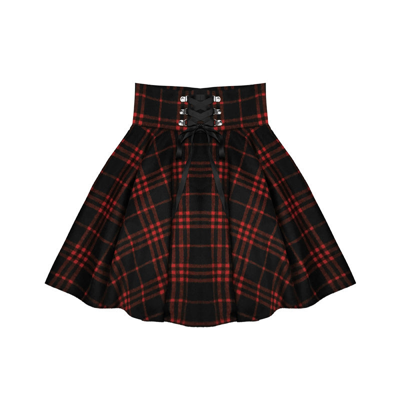 red Lace Up Waist Corset Plaid Skirt punk