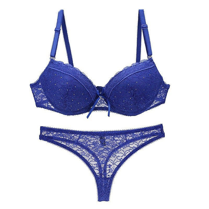 blue Sexy Black Push Up Bra and Thong Set