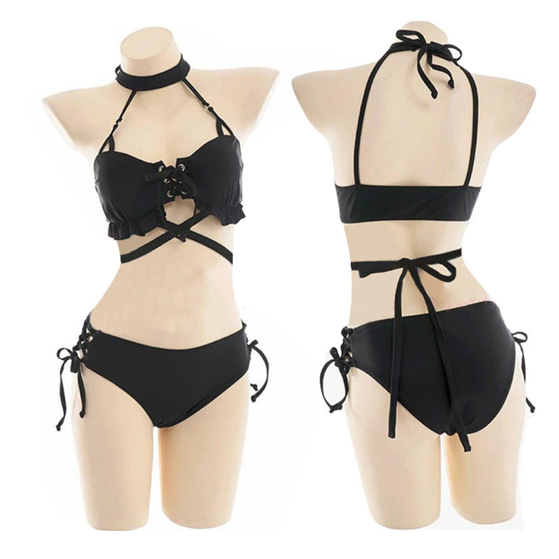 bondage Black Haltertop Choker Bikini Set