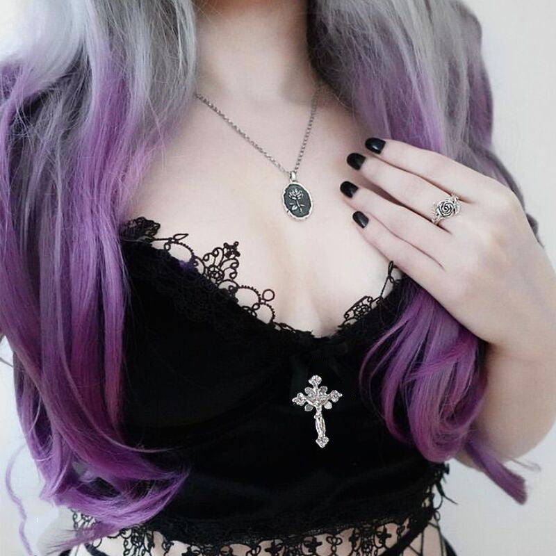 bralette Black Goth Crop Top - Velvet with Cross