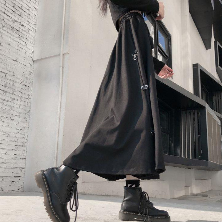 Casual Goth Skirt Long Black A-Line buckle punk
