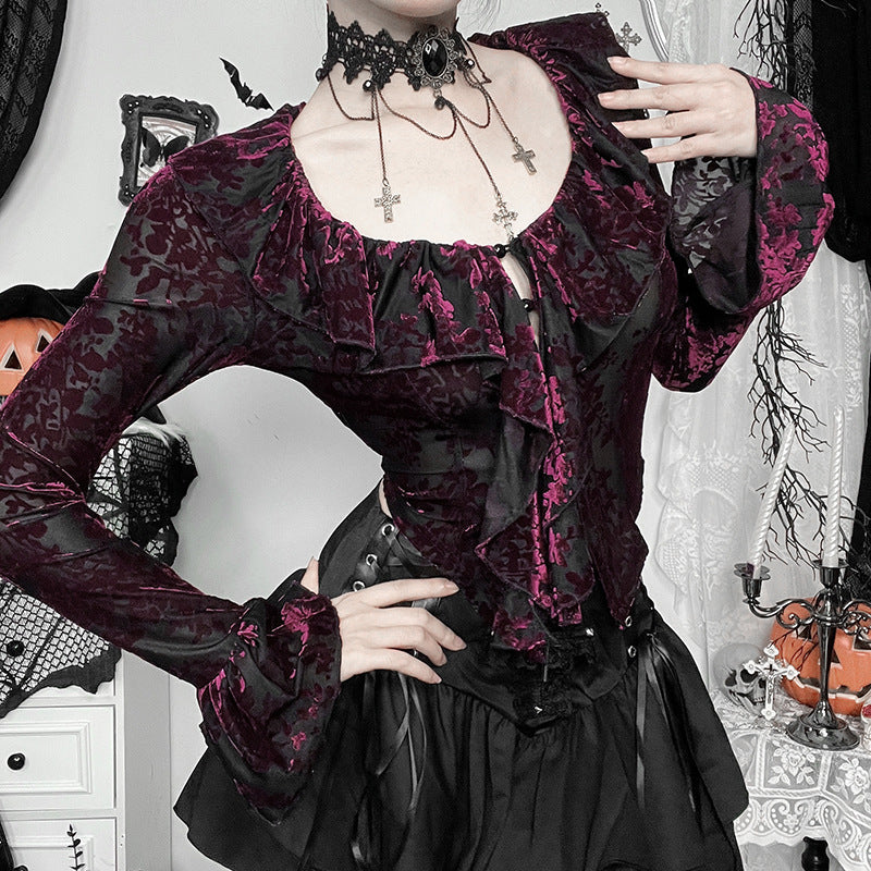 long sleeve Black Purple Gothic Blouse Womens