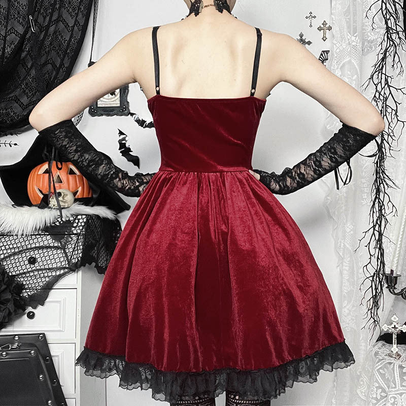 chains Red Goth Dress - Bright Velvet