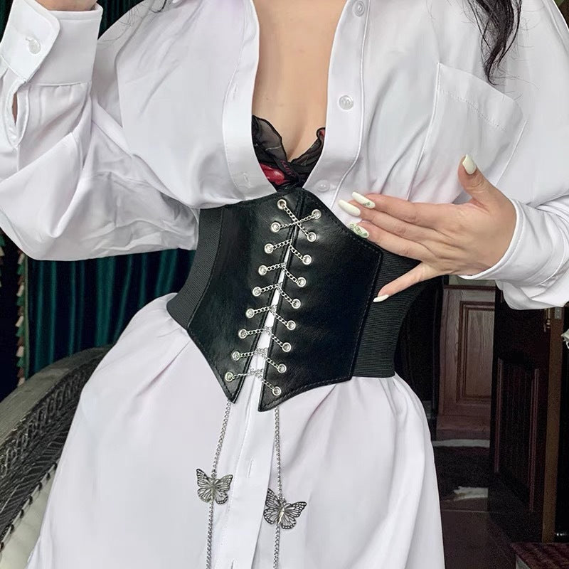 black Gothic Sexy Elastic Corset Waist Belt for Women chain straps 